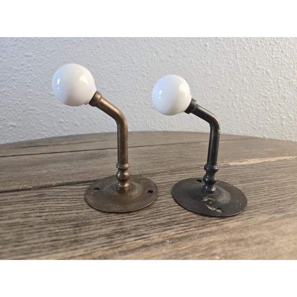 The Unbranded Brand Other - 2 Vintage Brass & Porcelain Ball Wall Hanger Hook Coat Towel Rack Farmhouse